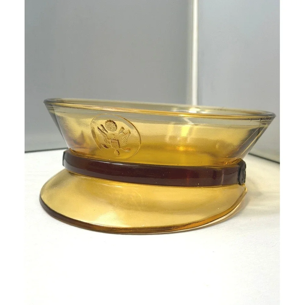 Vintage Military Service Cap Glass Bowl Amber Eagle